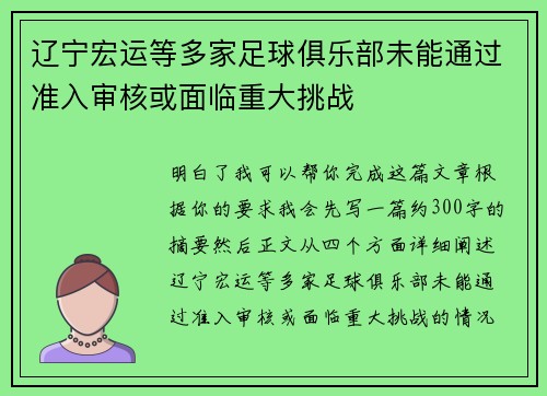 辽宁宏运等多家足球俱乐部未能通过准入审核或面临重大挑战 辽宁宏运等多家足球俱乐部未能通过准入审核或面临重大挑战